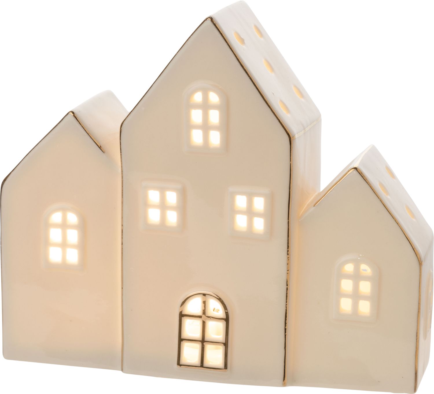 Shiny white ceramic house trio table piece, LED, 6x5 in  2