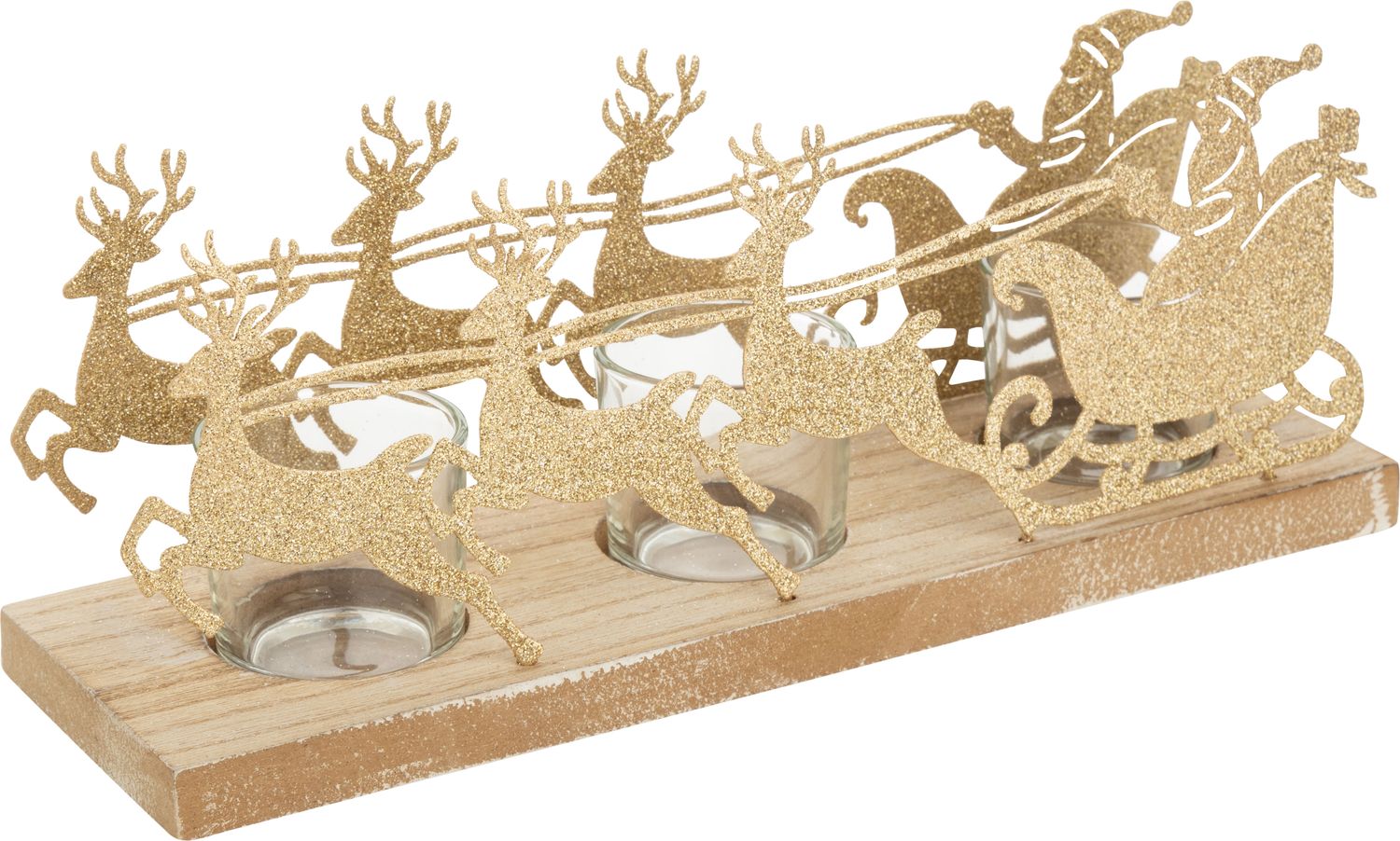 Gold glittered metal Santa in sleigh with reindeer votive holder, 3 glass holders, 2 sided, 11 in  2