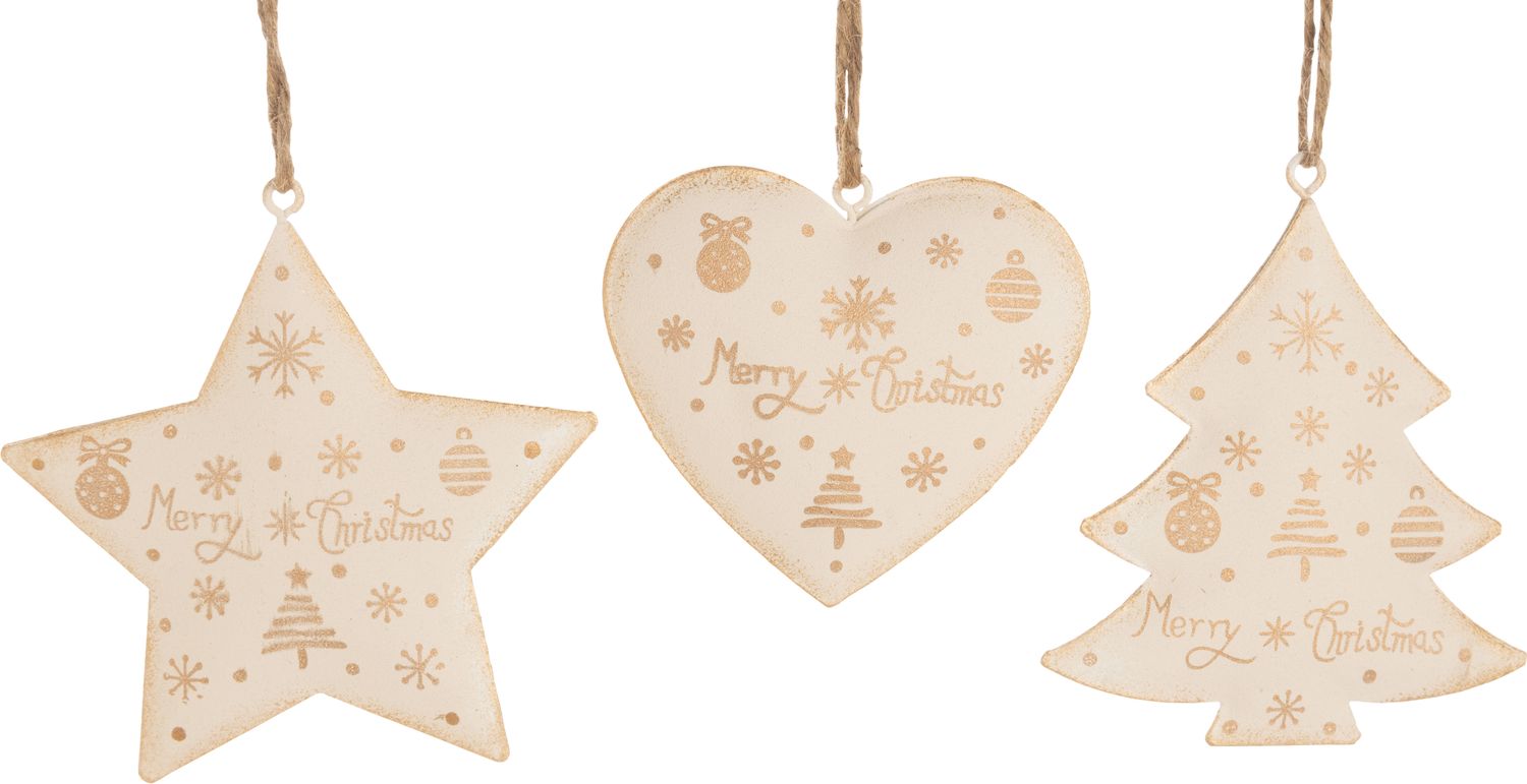 3 Asst&#39;d cream coloured metal ornaments with gold Christmas  pattern, 3.5 in  24