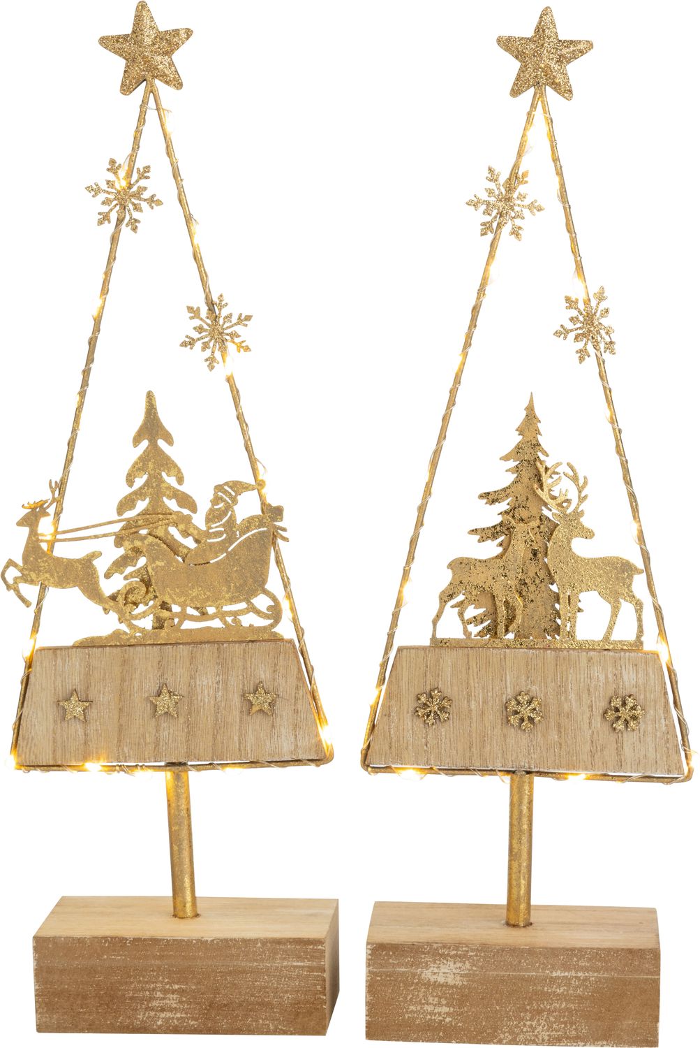 2 Asst&#39;d gold wire framed table top tree Santa in sleigh and reindeer scene on wood base, LED, 13.5 in  4