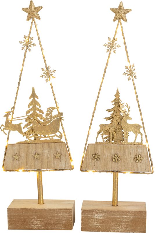 2 Asst&#39;d gold wire framed table top tree Santa in sleigh and reindeer scene on wood base, LED, 13.5 in  4