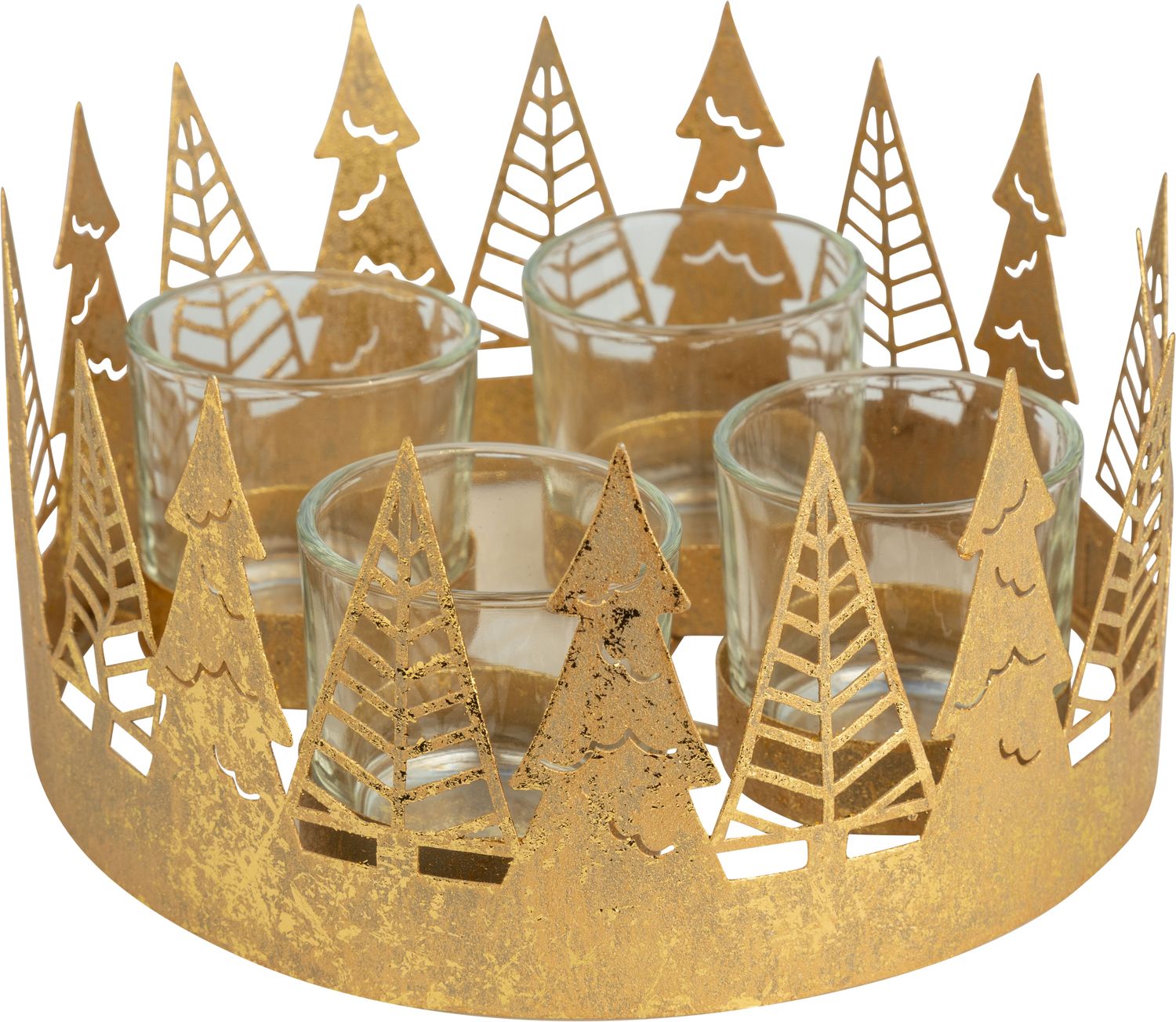 Gold foiled metal candle ring with 4 glass votive holders, modern tree pattern, 6.5 diameter  2