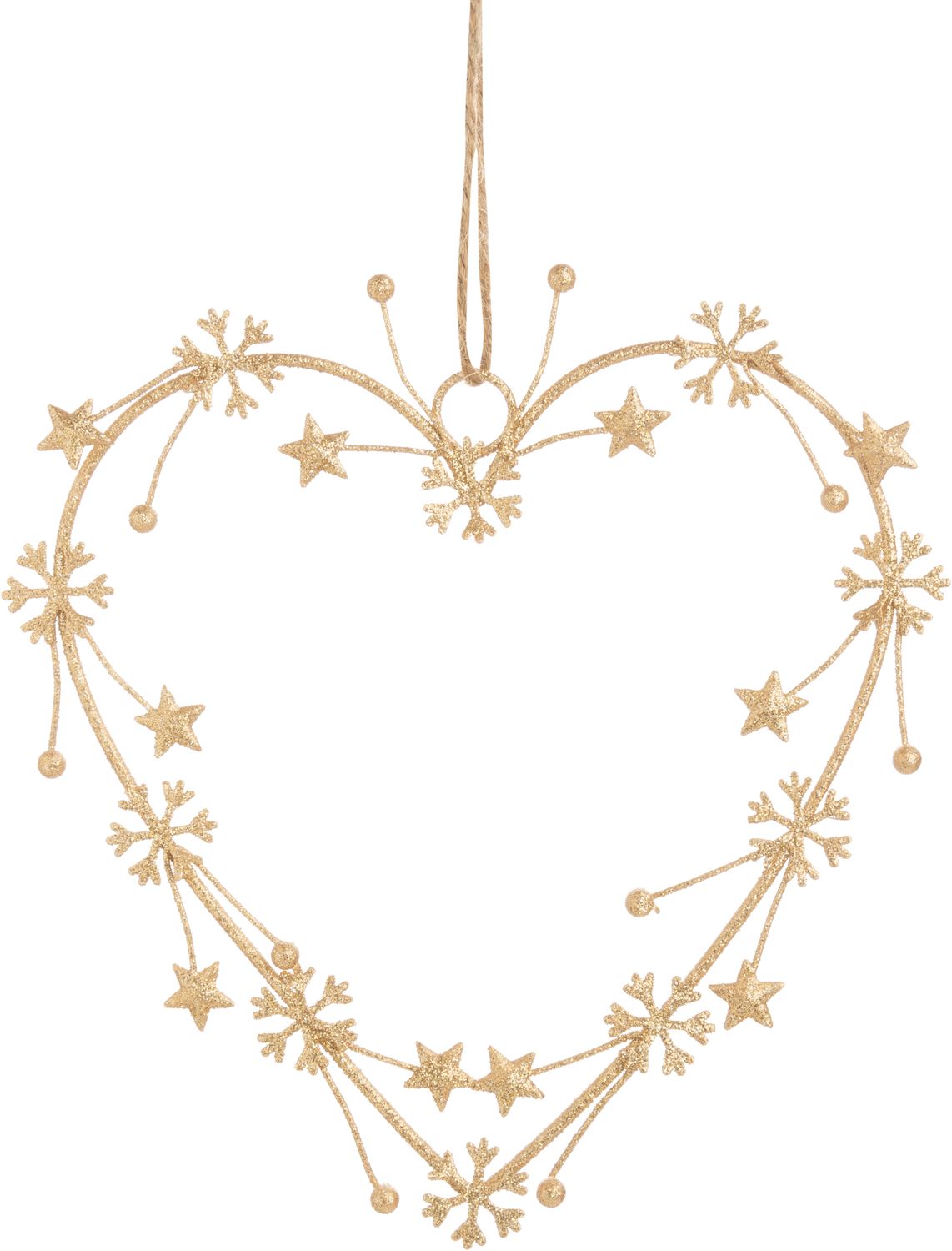 Gold glittered wire heart shape mini wreath or ornament, holly and snowflakes, 7 in  6