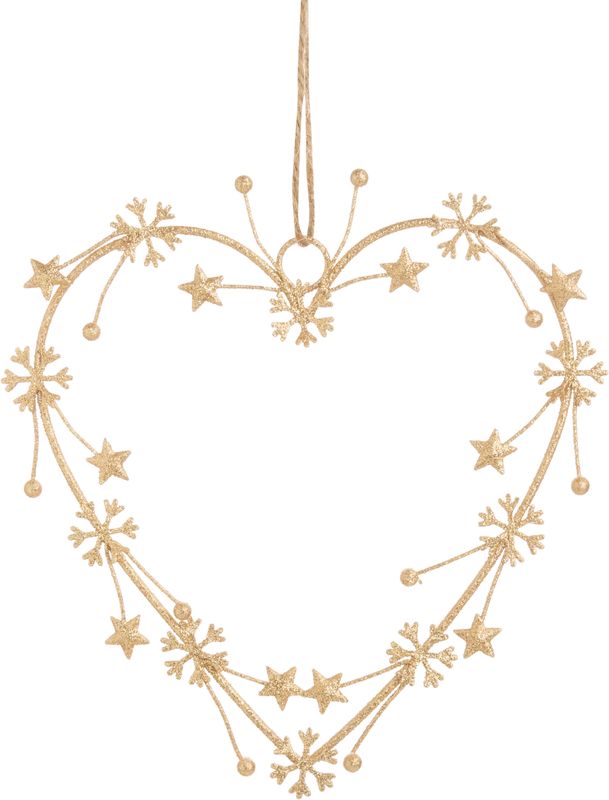 Gold glittered wire heart shape mini wreath or ornament, holly and snowflakes, 7 in  6
