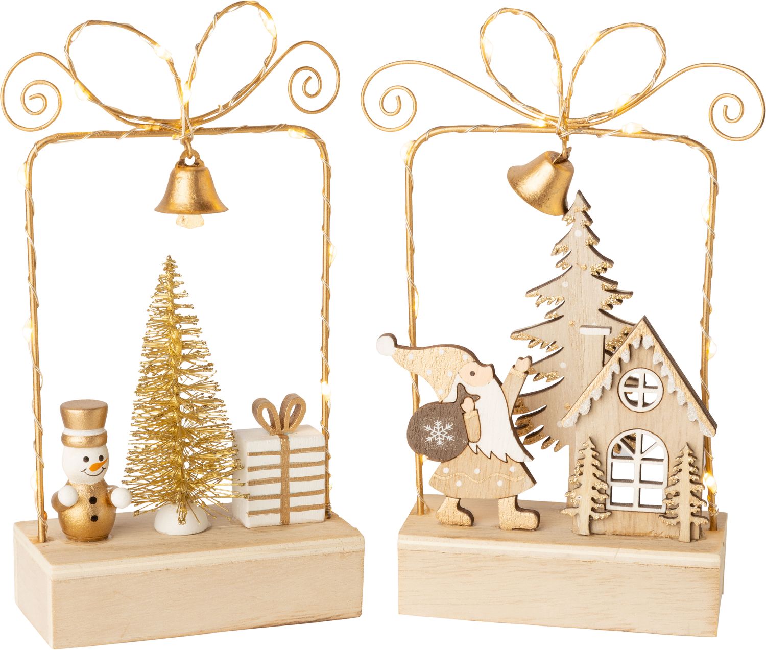 2 Asst&#39;d wire frame table pieces, gift box shape with Santa and snowman scenes on wood base, white and gold, LED, 7 in  6