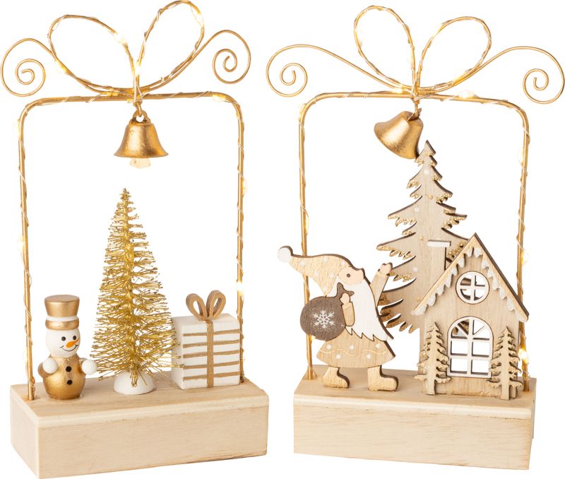 2 Asst&#39;d wire frame table pieces, gift box shape with Santa and snowman scenes on wood base, white and gold, LED, 7 in  6