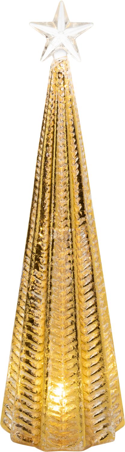 Clear fluted glass table top tree with Silver and gold foil finish , clear star top, LED, 12.5  in  2