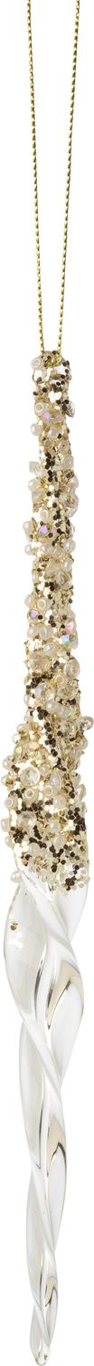 Clear glass icicle drop with white and clear beads &amp; gold glitter, 8 in  12
