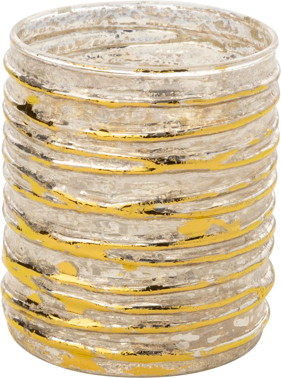 Molded glass holder table piece, free form raised bands with  silver and gold foil finish, 3 in  6