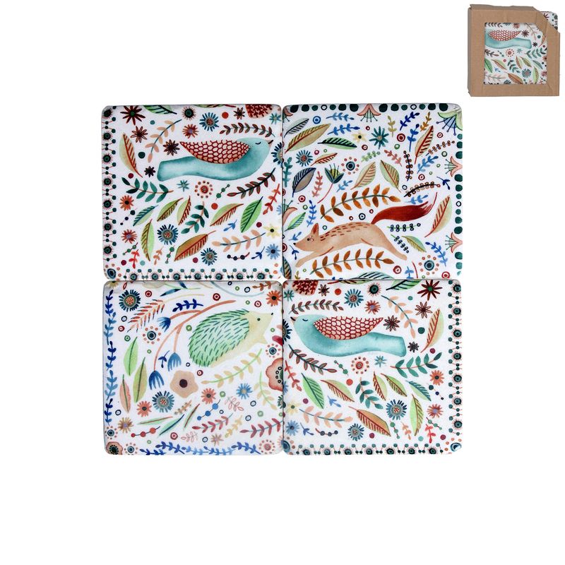 Set of 4 folk woodland animals resin coaster 3.9x3.9x2in  3           
