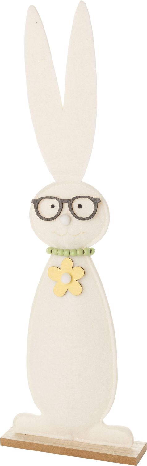 Felt off-white bunny in reading glasses table piece, green wood bead necklace with yellow daisy 17 in  6       