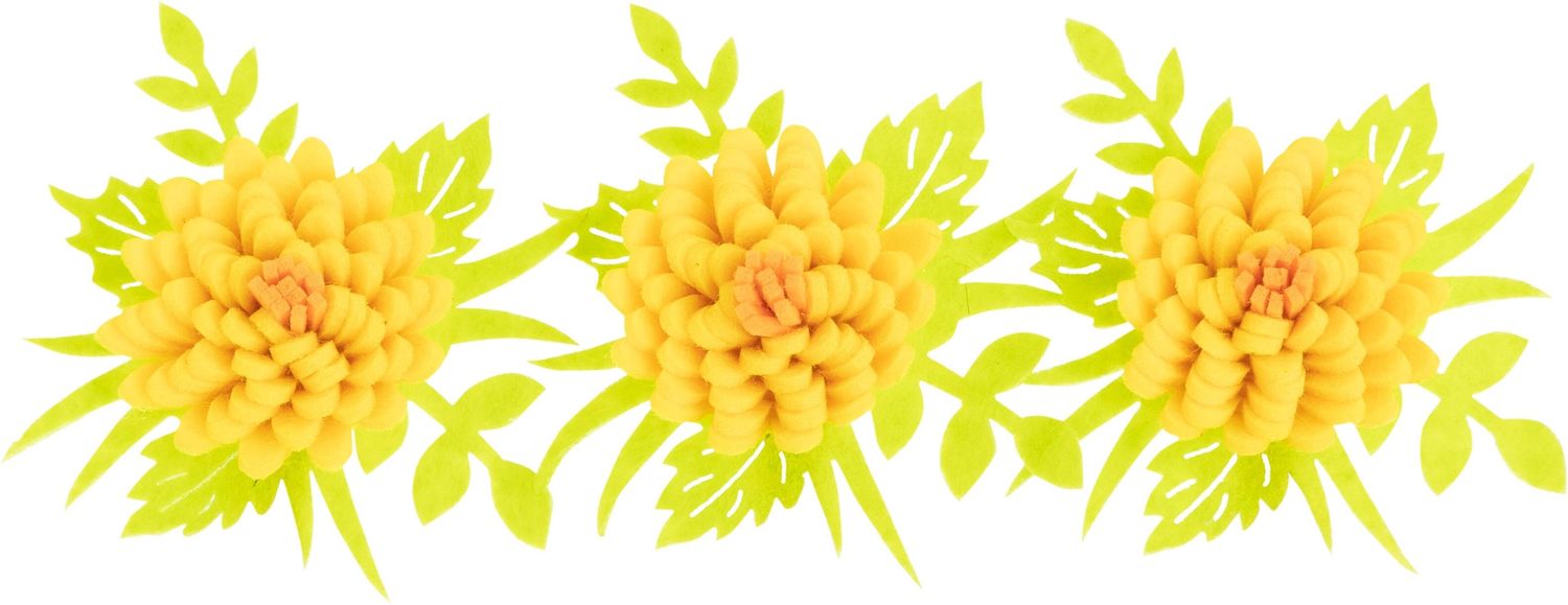 Set of 3 felt flower clip-on ornaments, 3D felt, yellow. Each flower 2.5 in  12       