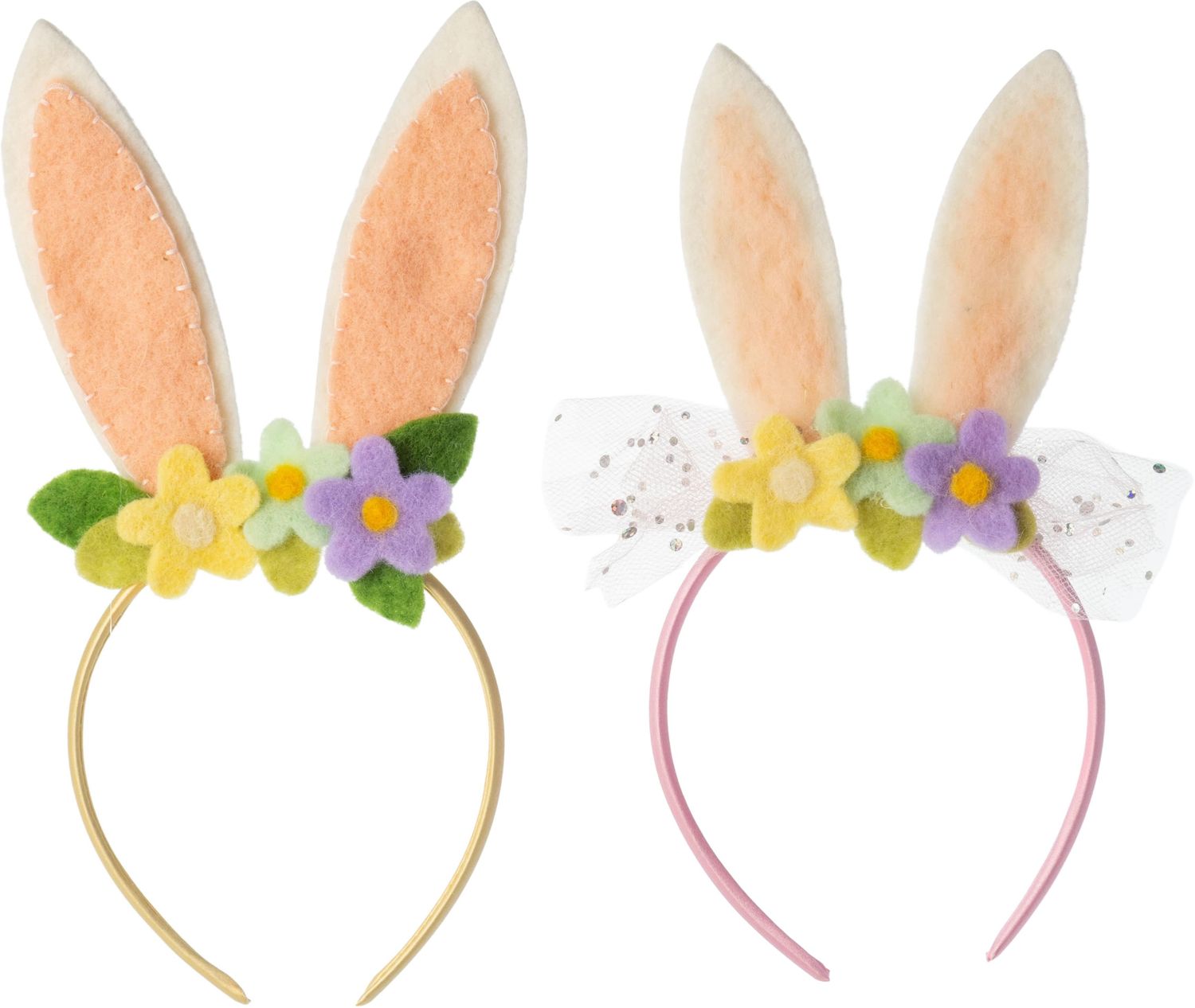 2 Asst&#39;d felt bunny ear headbands with floral trim, satin wrapped headband, 9.5 in  12       