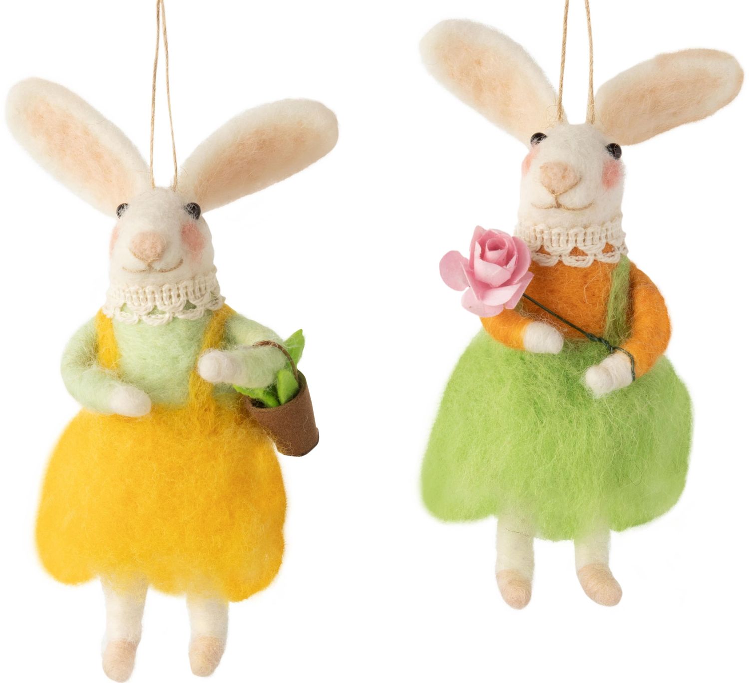 2 Asst&#39;d felt bunny ornament with flossy wool skirts, 4.75 in  12       