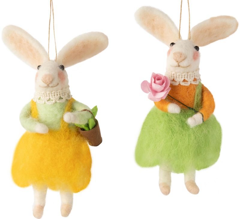 2 Asst&#39;d felt bunny ornament with flossy wool skirts, 4.75 in  12       