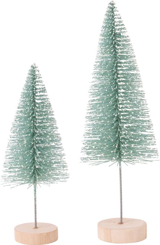 Set of 2 teal glittered  bristle trees, w/tall trunk on natural wood base tabletop, 10+12 in  3