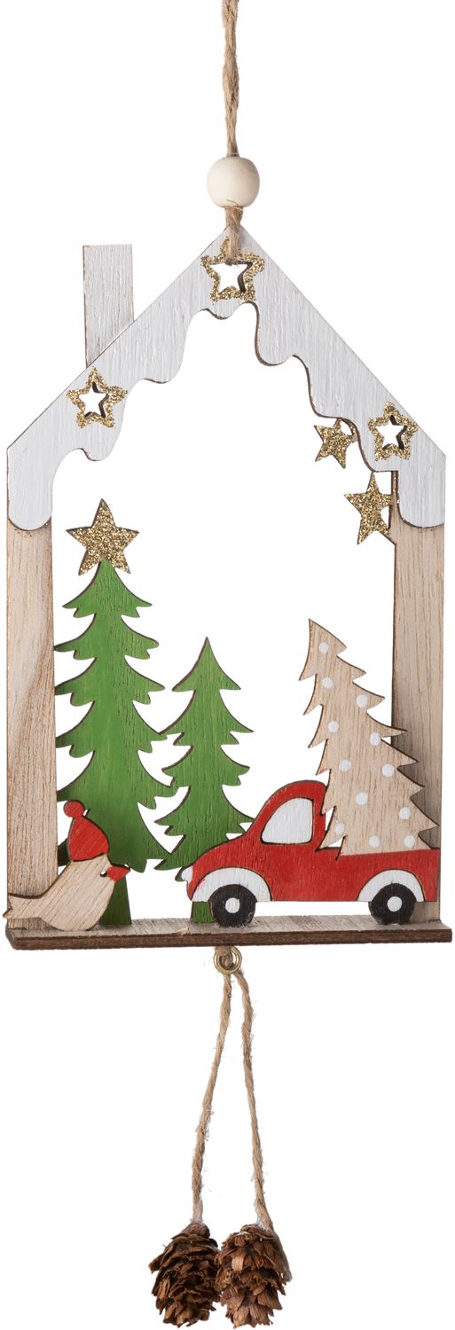 Die cut winter scene with white house &amp; bird/green trees/red car on wood base orn 3.25 in  12