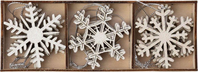 Set of 9 white snowflakes, painted wood orns 2.25 in  6