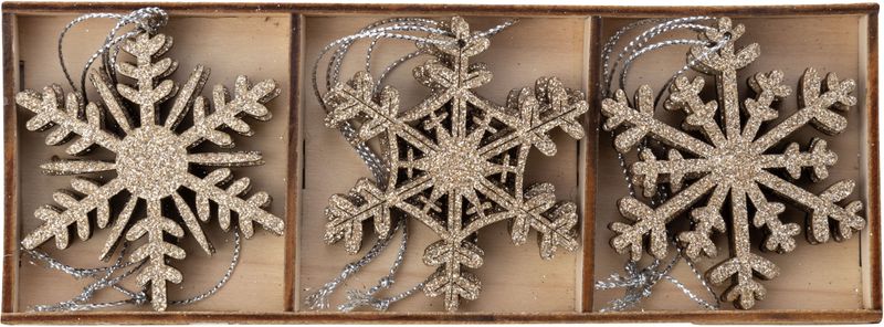 Set of 9 champagne snowflakes, painted wood orns 2.25 in  6