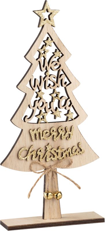 Die cut tree with WE WISH YOU A MERRY CHRISTMAS, natural with gold accents, wood tabletop 11.5 in  6