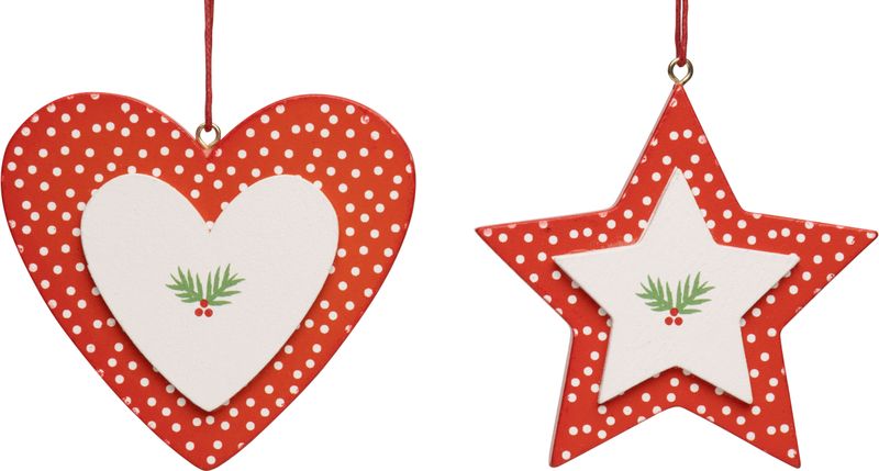 2 Asst&#39;d red heart/star with white centres &amp; white dots, wood orns 3 in  24