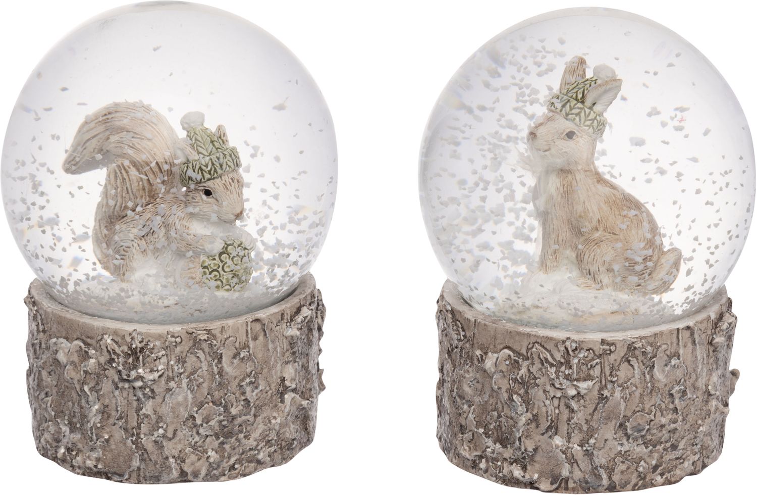 2 Asst&#39;d frosted white snow globes with Squirrel/Rabbit on wood look base, tabletop, resin  6