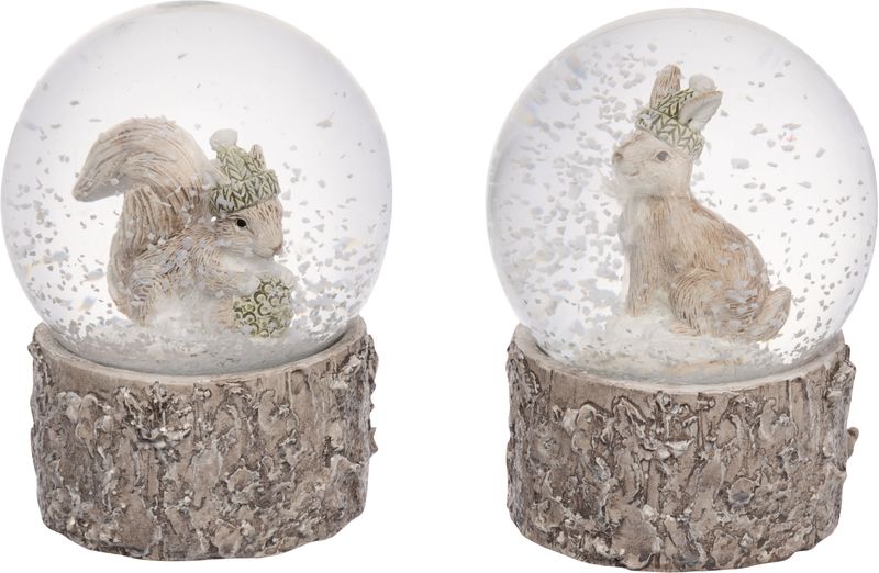 2 Asst&#39;d frosted white snow globes with Squirrel/Rabbit on wood look base, tabletop, resin  6