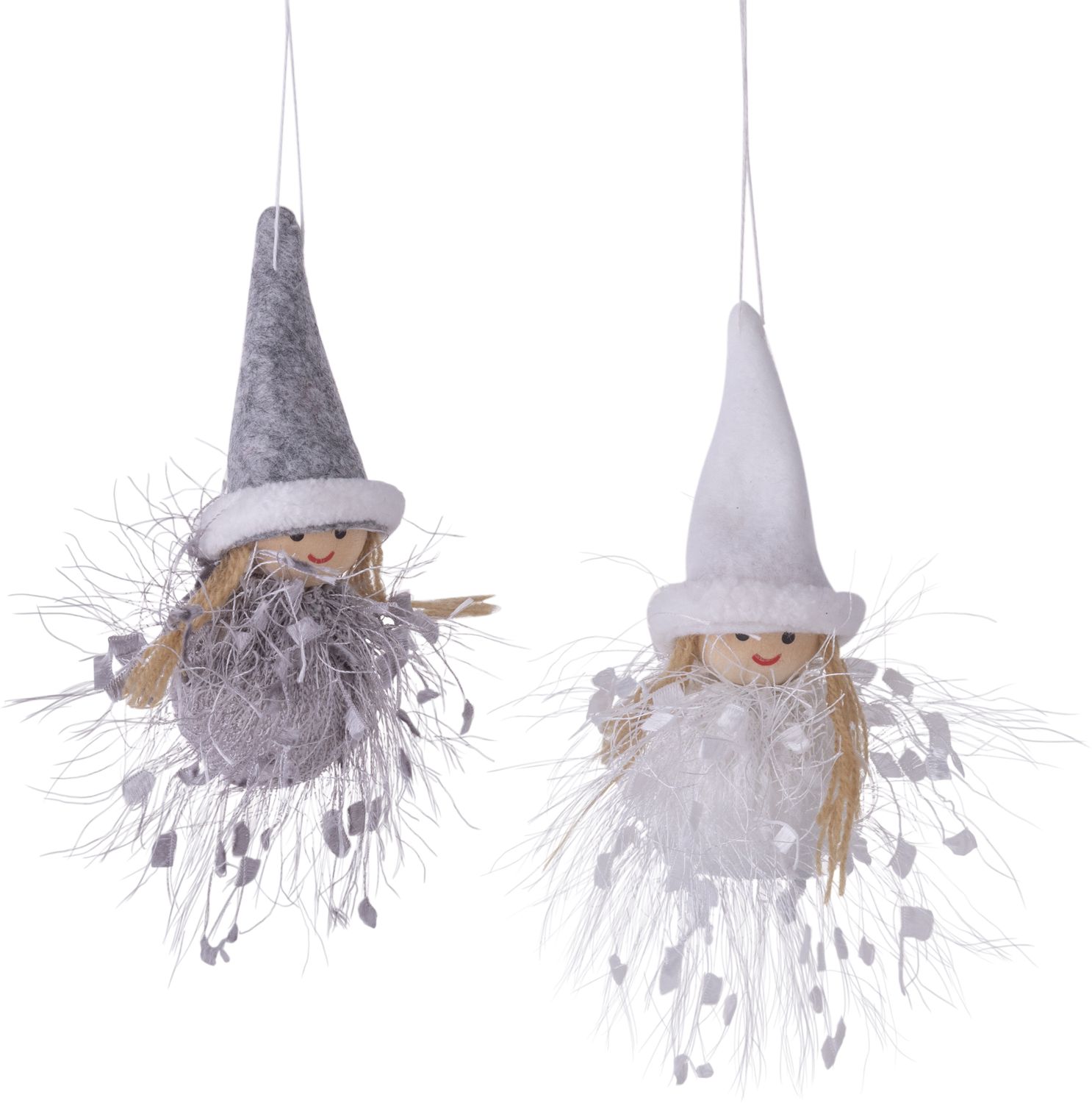 2 Asst&#39;d girl orns with felt hat and coat in grey and white with feathery detail 4 in  24 -Z08 -25NP -S04/25