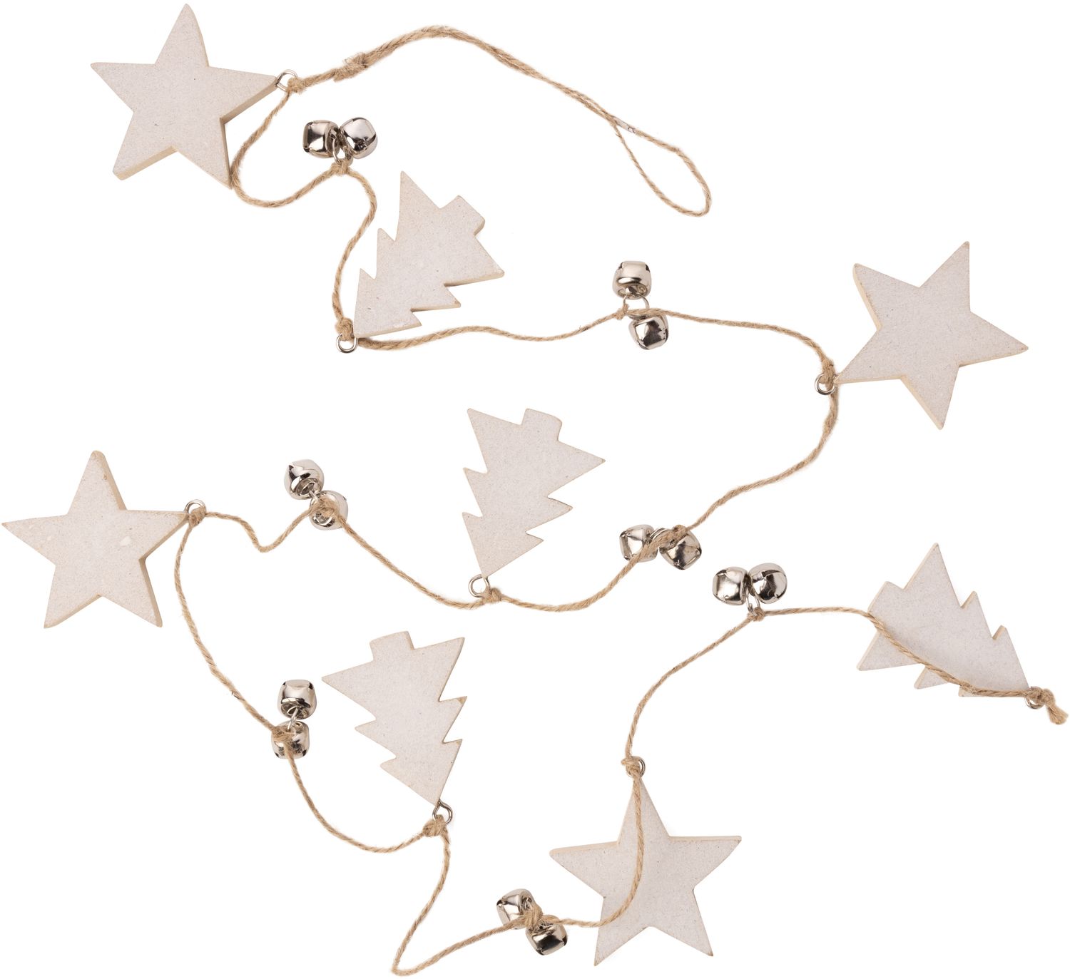Garland - white painted wood trees with metal silver bells on jute cord 43.5 in  6