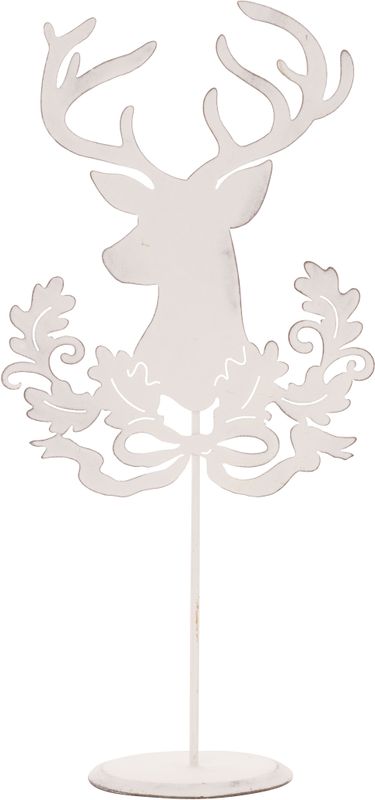 Rustic white painted metal stag with leaves &amp; ribbon on stand 13.75 in  2
