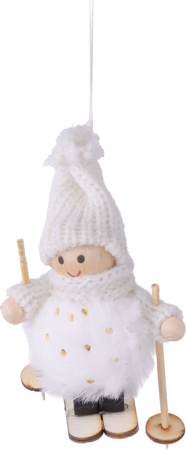 Child on wood skis with white knit outfit and faux fur body with gold glitter, 3 in  12