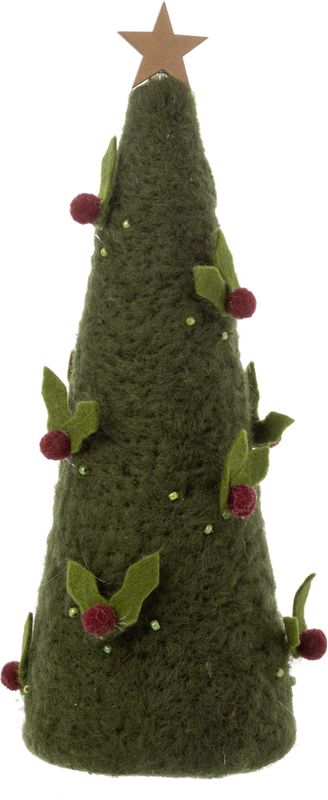 Dk green cone tree with holly &amp; wood star, felt/wood tabletop 9.75 in  4