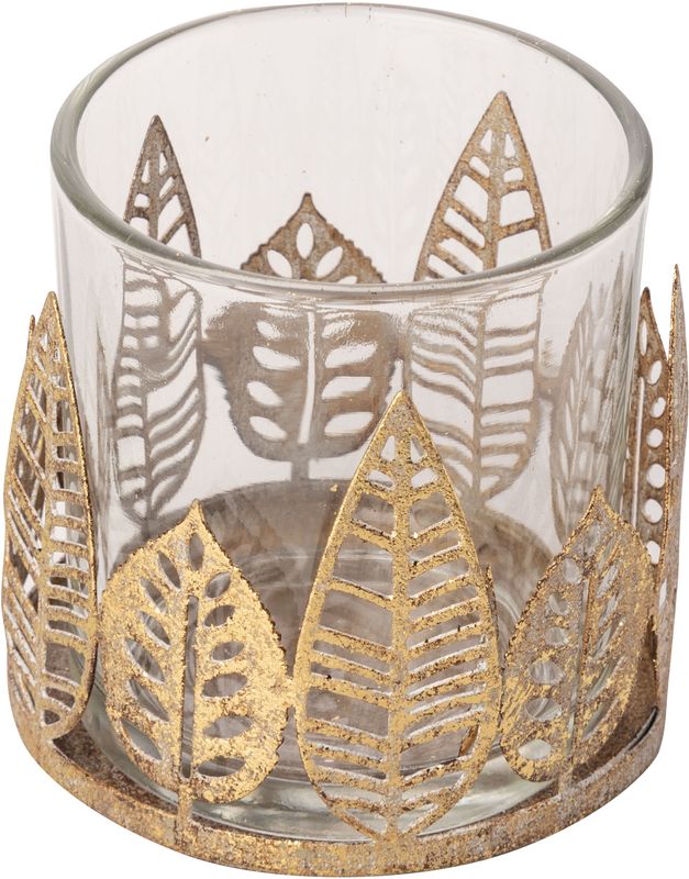 Rustic gold metal base tea light holder with leaf motif &amp; glass insert 3 in  6
