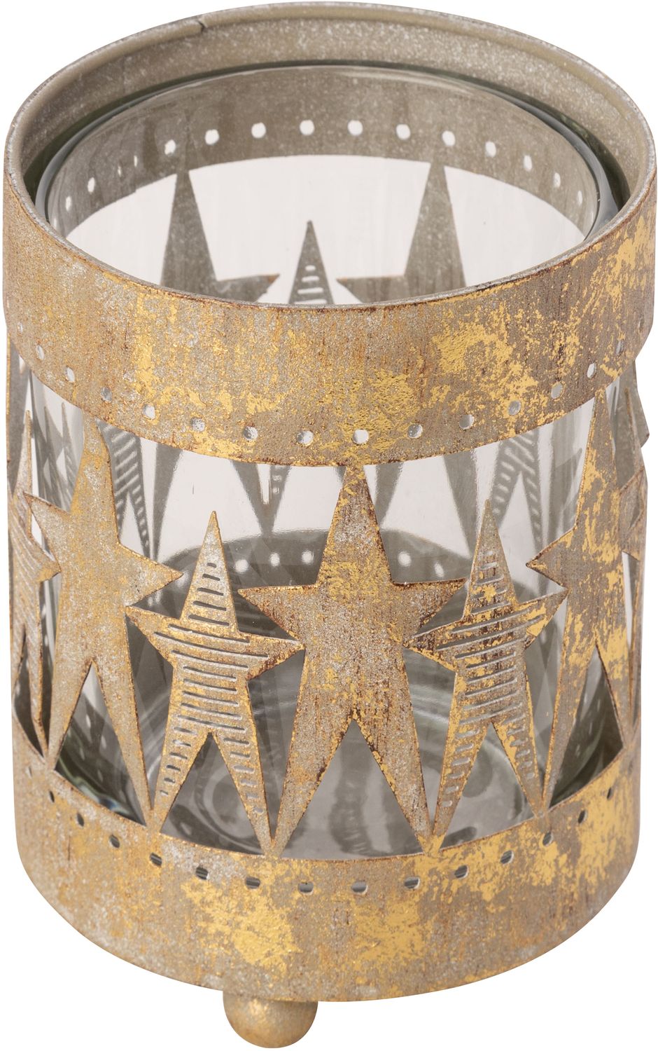 Rustic gold votive holder with glass insert, star motif 4.75 in  4