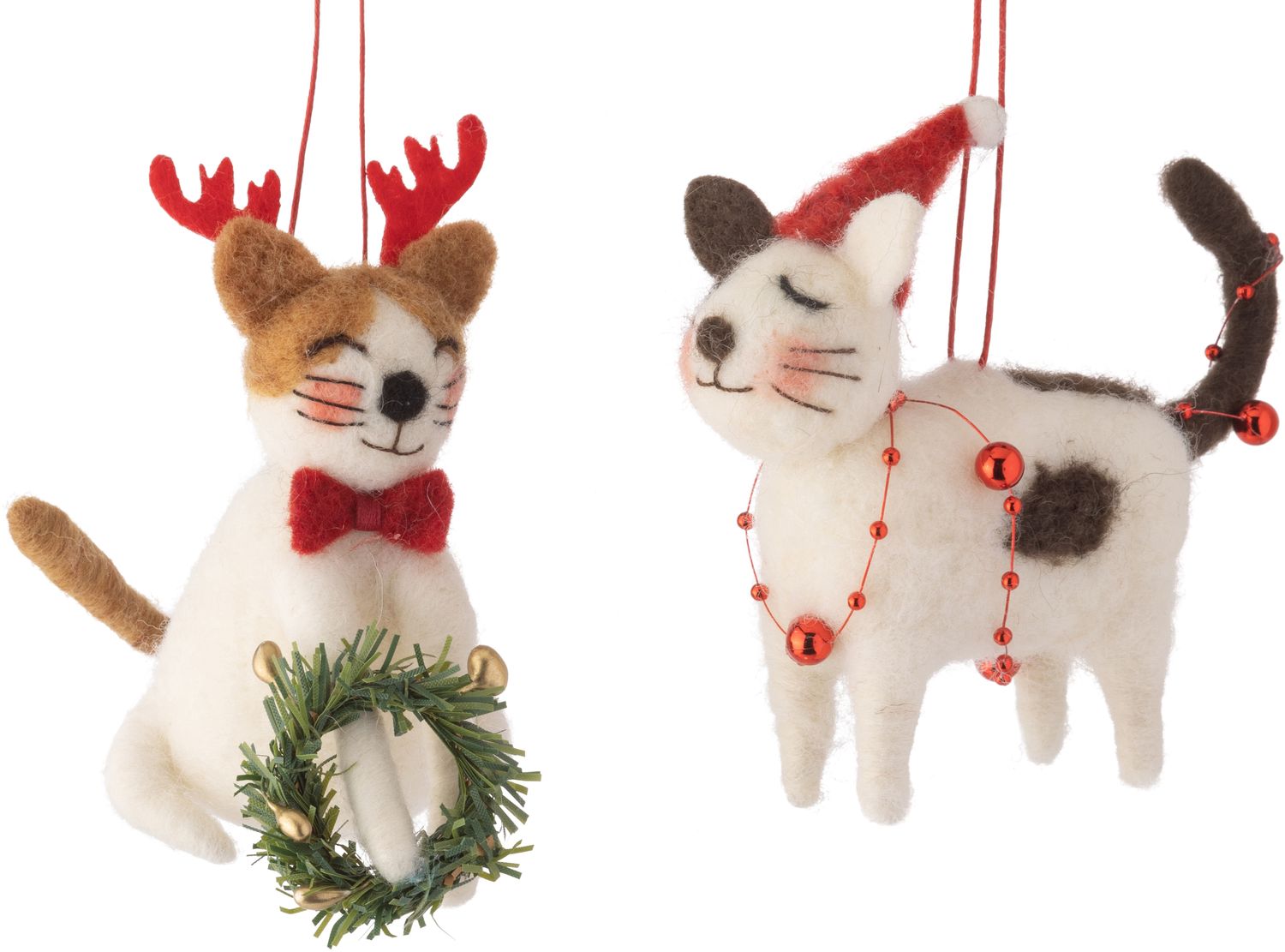 2 Asst&#39;d white cats with brown accents with wreath/garland felt orns, 5 in  6