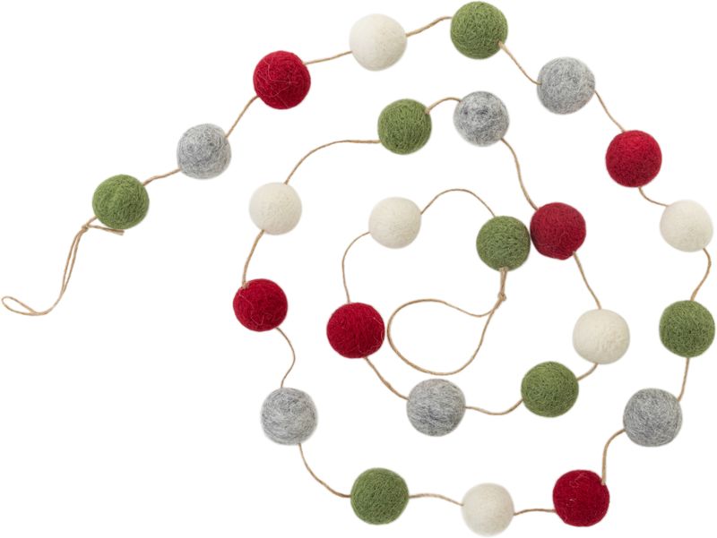 Garland with felt balls in green, grey, red and white on jute cord 71 in  12