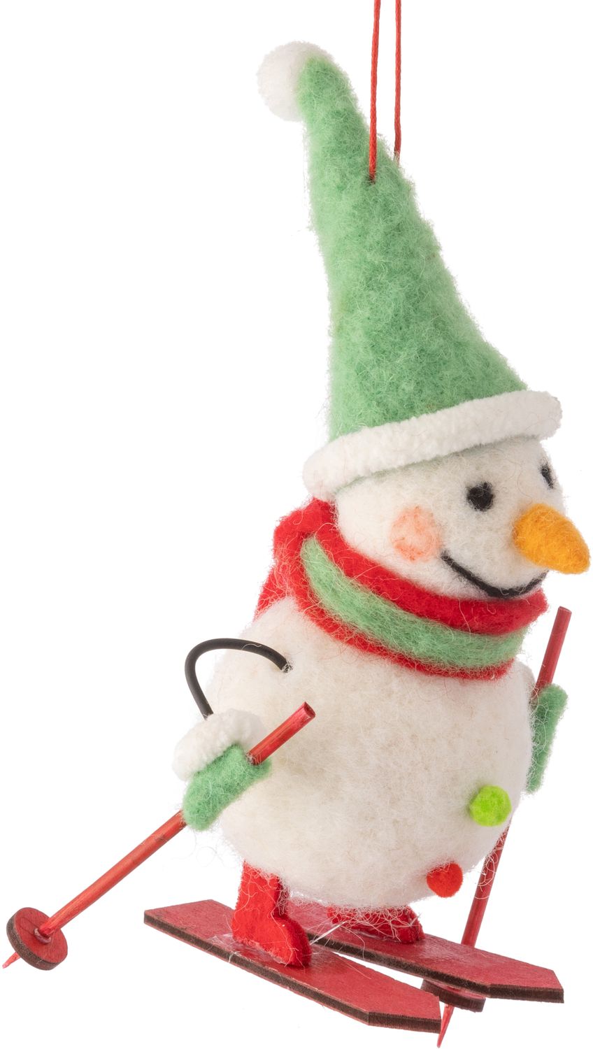 Snowman with red skis/poles, green hat/mitts, green/red scarf, felt/wood orn 4.5 in  6