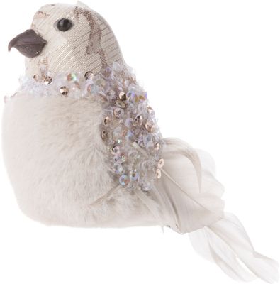Cream bird, plush, lace, beads, feathers tabletop 4 in  6