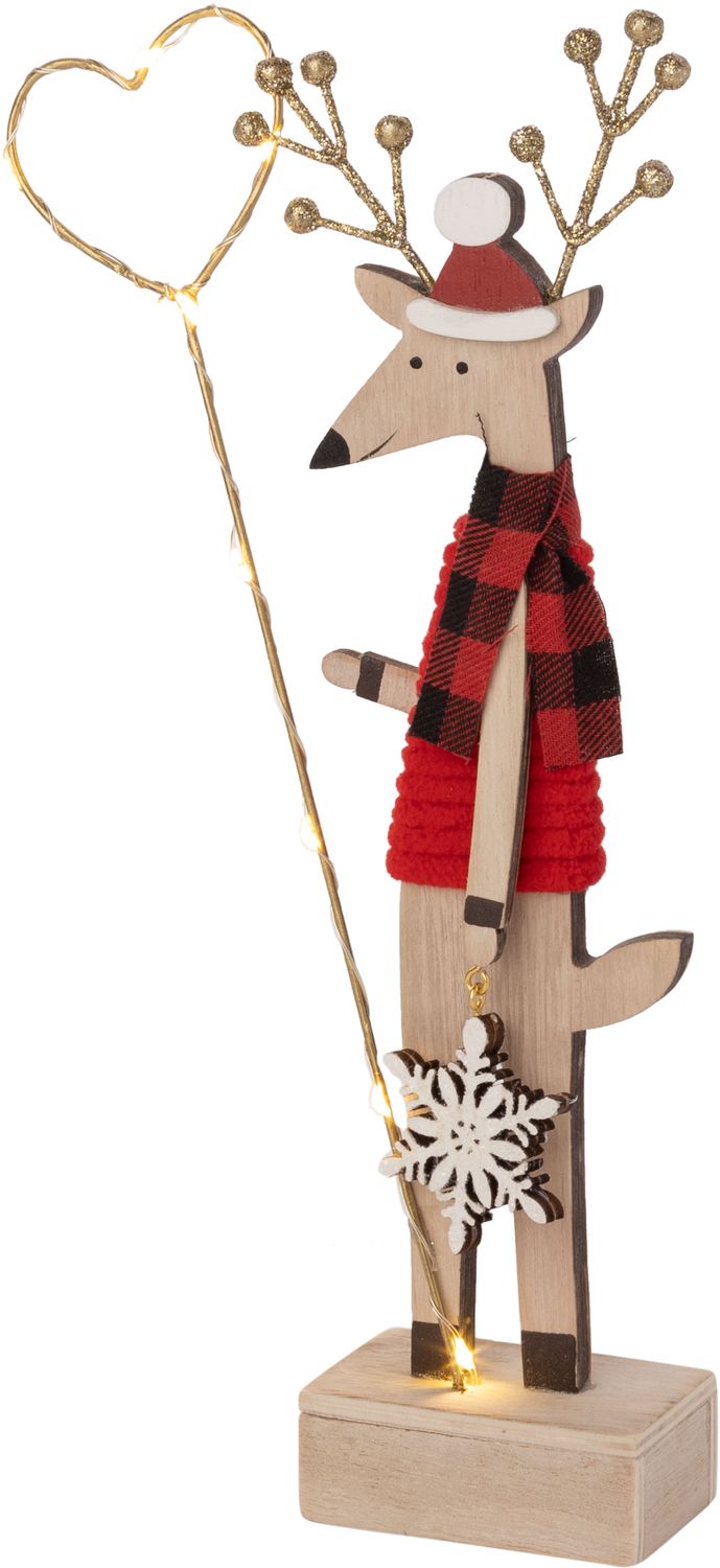Wood reindeer with red outfit, LED lit staff with heart tabletop 10.75 in  4