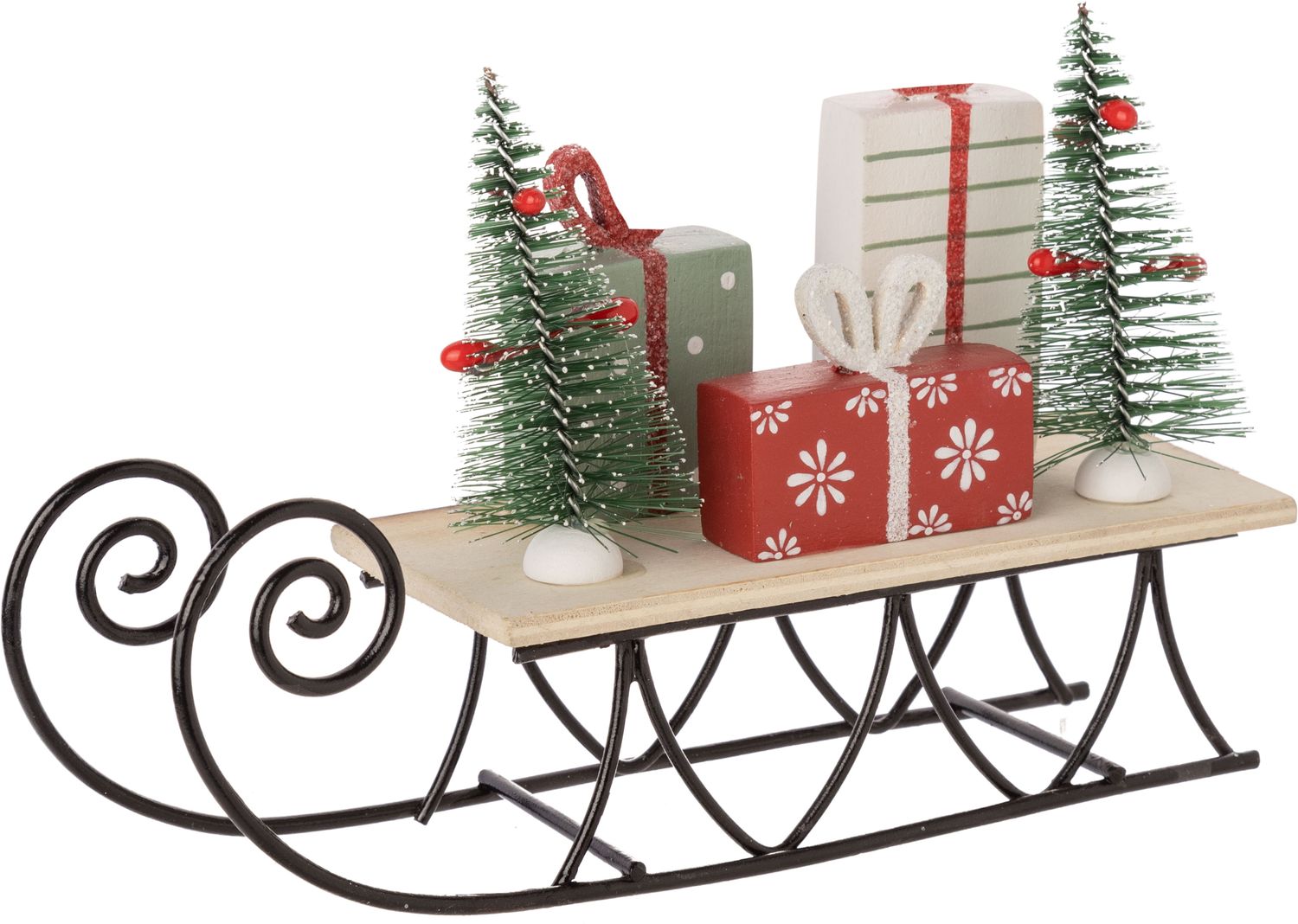 Red/green/white holiday decorations on wood sleigh with black metal runners, painted wood, table top 5.5 in  2