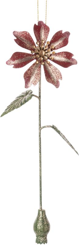 Dk pink clematis with green leaves, glittered on metal stem orn  6