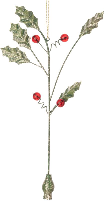 Branch with green holly leaves, red berries metal orn  6