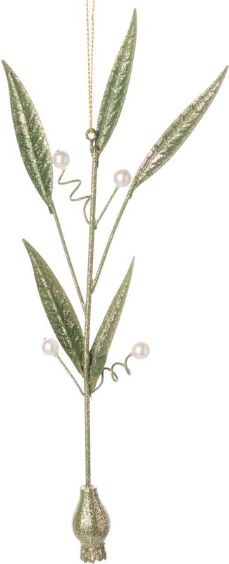 Branch with green leaves, pearl berries metal orn  6