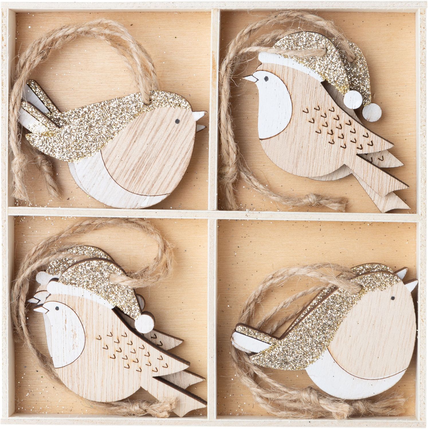 Boxed set of 8 wooden birds ornaments, 2 shapes, white with champagne gold glitter approx 2 in each  6