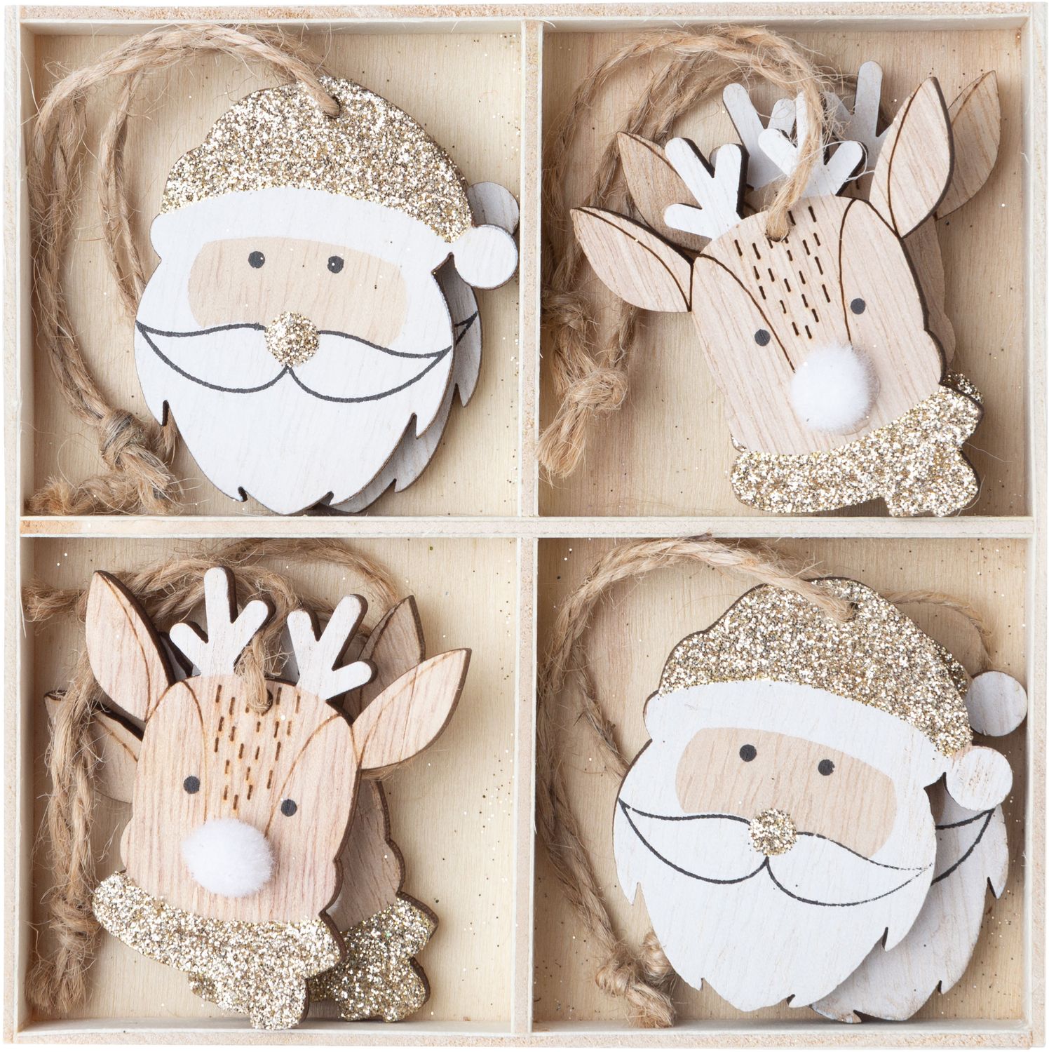 Boxed set of 8 wooden Santa and reindeer ornaments, white with champagne gold glitter approx 2 in each  6