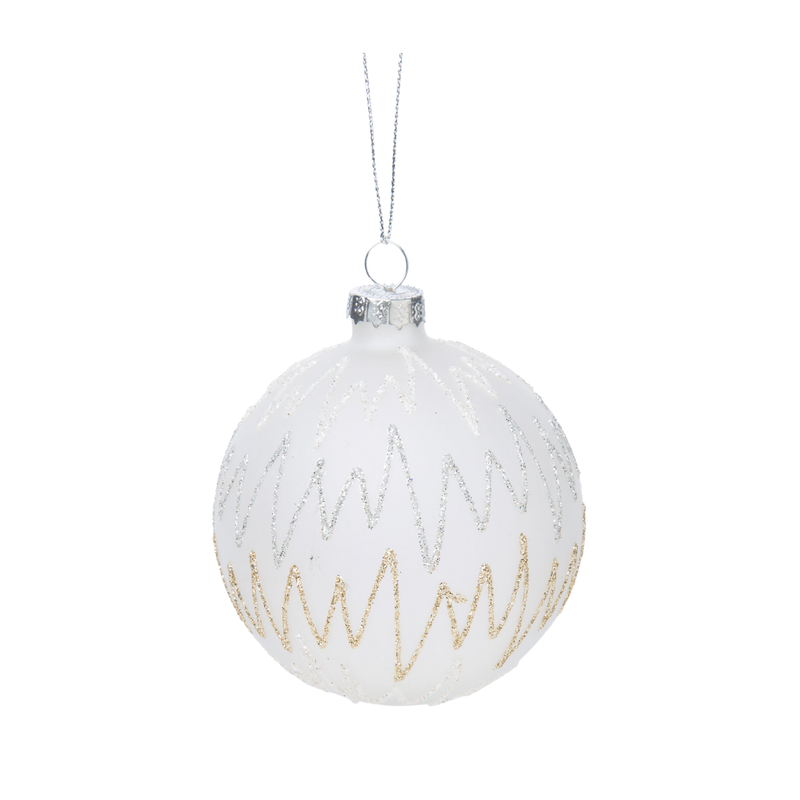 Glass ball ornament, matte white translucent with white, silver and gold zig zags, 3 in  12