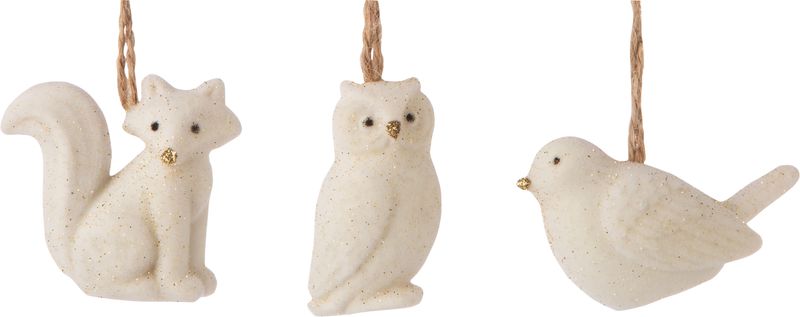 3 Asst&#39;d white fox/owl/bird, painted resin orns, 2 in  24