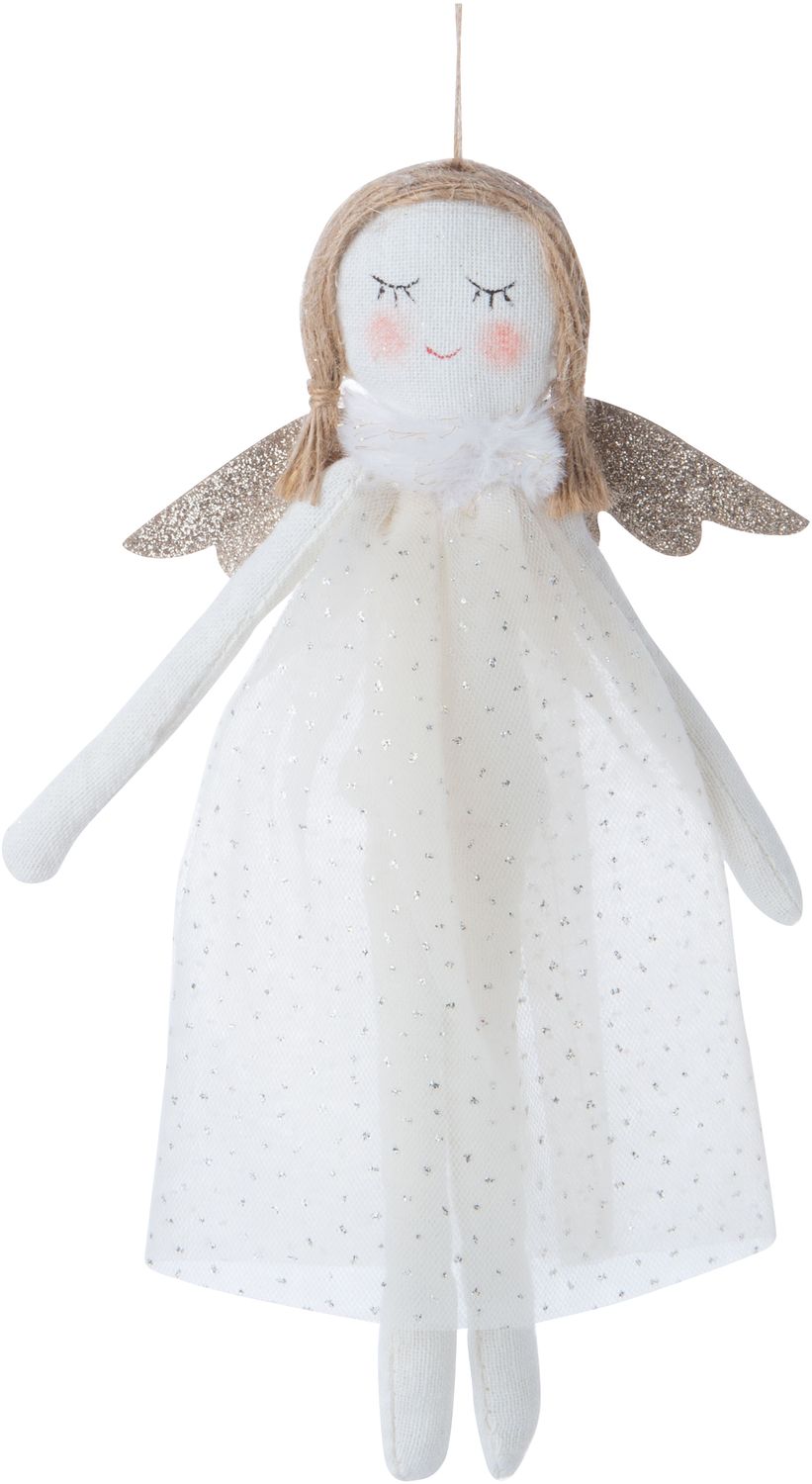 Angel with white dotted dress, glitter wings, jute hair on jute cord orn 9.1 in  6