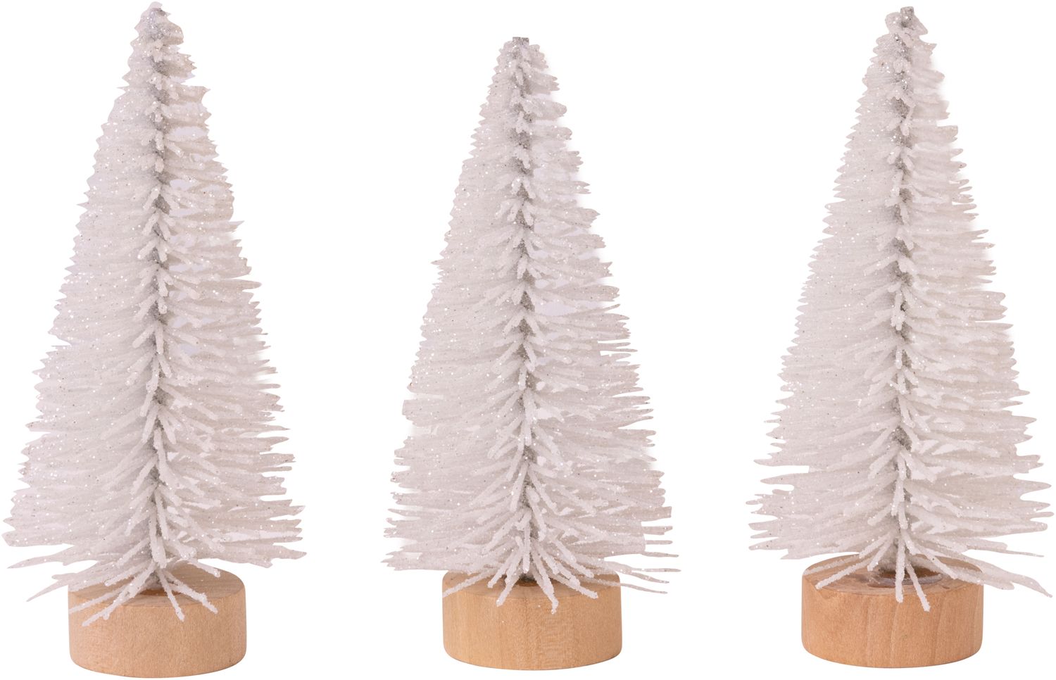 Set of 3 glittered white trees on natural wood base tabletop 6 in  6