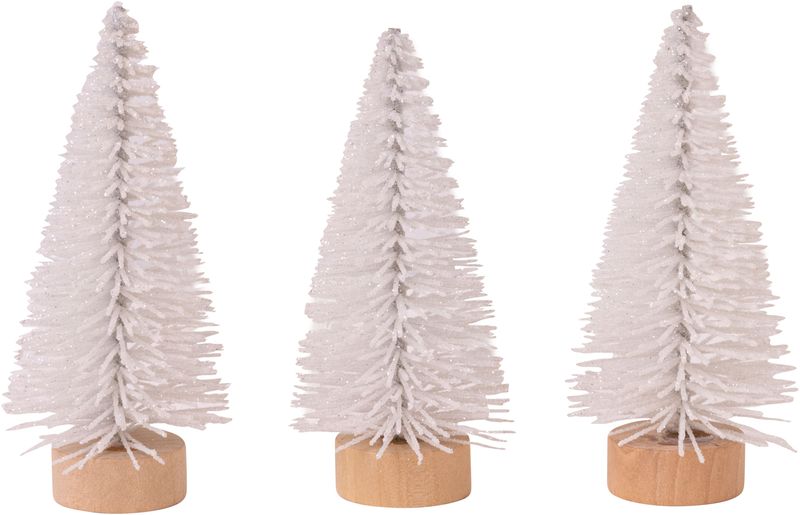 Set of 3 glittered white trees on natural wood base tabletop 6 in  6